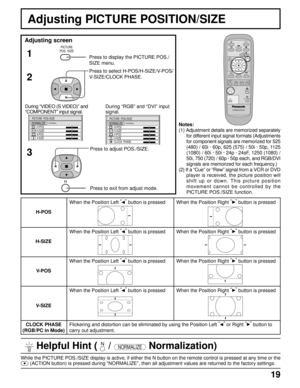 Page 1919
H-POS
H-SIZE
V-POS
V-SIZE
CLOCK PHASE
(RGB/PC in Mode)When the Position Right “
” 
button is pressed
When the Position Right “” 
button is pressed
When the Position Right “” 
button is pressed
When the Position Right “” 
button is pressed
When the Position Left “” 
button is pressed
When the Position Left “” 
button is pressed
When the Position Left “” 
button is pressed
When the Position Left “” 
button is pressed
 Helpful Hint (    / NORMALIZE Normalization)
While the PICTURE POS./SIZE display is...