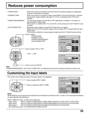 Page 2929
Press to select “ON” or “OFF”. Press to select
“POWER SAVE”
“STANDBY SAVE”
“POWER MANAGEMENT”
“AUTO POWER OFF”.
Reduces power consumption
• POWER SAVE: When this function is turned ON, luminous level of the plasma display is suppressed,
so power consumption is reduced.
• STANDBY SAVE: When this function is turned ON, power consumption of the microcomputer is reduced
during power supply standby (see page 12,14,15), so standby power of the set is
reduced.
• POWER MANAGEMENT: The unit power supply is...