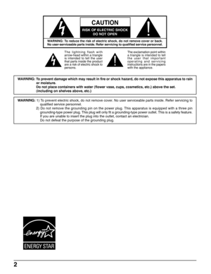 Page 22
WARNING: To reduce the risk of electric shock, do not remove cover or back.
No user-serviceable parts inside. Refer servicing to qualified service personnel.
The lightning flash with
arrow-head within a triangle
is intended to tell the user
that parts inside the product
are a risk of electric shock to
persons.The exclamation point within
a triangle is intended to tell
the user that important
operating and servicing
instructions are in the papers
with the appliance.
CAUTION
RISK OF ELECTRIC SHOCK
DO NOT...