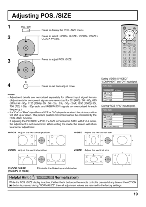 Page 1919
Adjusting POS. /SIZE
NORMALNORMALIZE
POS. /SIZE
V-POS H-POS
V-SIZEH-SIZE
CLOCK PHASE
1Press to display the POS. /SIZE menu.
Press to select H-POS / H-SIZE / V-POS / V-SIZE / 
CLOCK PHASE.
Press to adjust POS. /SIZE.
Press to exit from adjust mode.
During “VIDEO (S VIDEO)”,
“COMPONENT” and “DVI” input signal.
During “RGB / PC” input signal.
3 2
Notes:
• Adjustment details are memorized separately for different input signal formats 
(Adjustments for component signals are memorized for 525 (480) / 60i ·...