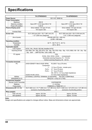 Page 4444
Speciﬁ cations
TH-37PWD8GK/S TH-42PWD8GK/S
Power Source 120 V AC, 50/60 Hz
Power Consumption
Maximum 250 W 275 W
Stand-by condition Save OFF 1.0 W, Save ON 0.7 W Save OFF 1.0 W, Save ON 0.7 W
Power off condition 0.05 W 0.05 W
Plasma Display panelDrive method : AC type 37-inch,
16:9 aspect ratioDrive method : AC type 42-inch,
16:9 aspect ratio
Contrast Ratio 4000:1
Screen size32.2” (818 mm) (W) × 18.1” (461 mm) (H) 
× 37” (939 mm) (diagonal)36.2” (920 mm) (W) × 20.4” (518 mm) (H) 
× 42” (1,056 mm)...