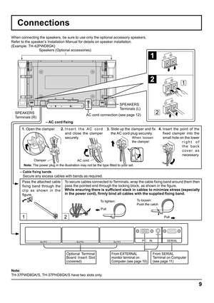 Page 99
Connections
12
SERIAL PC    IN
AUDIO
SLOT1 SLOT2 SLOT3
1
2
1
2
SPEAKERS 
Terminals (R)SPEAKERS
Terminals (L)
– Cable ﬁ xing bands
Secure any excess cables with bands as required. When connecting the speakers, be sure to use only the optional accessory speakers.
Refer to the speaker’s Installation Manual for details on speaker installation.
(Example: TH-42PWD8GK)
Speakers (Optional accessories)
Pass the attached cable 
ﬁ xing band through the 
clip as shown in the 
ﬁ gure. To secure cables connected to...