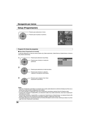 Page 11436
Setup (Programación)
CH
VOL
CHVOL
OK
Presione para seleccionar el menú.
Presione para visualizar el submenú.
Presione para seleccionar el modo de antena.
Presione para introducir su elección.
• Aparece el mensaje de confirmación.
CH
VOL
CHVOL
OK
Input SetupCable/Antenna
Auto ScanSetting
Manual Program
Signal Meter
Program Channel1
2
CH
VOL
CHVOL
OK
Presione para seleccionar Input Setup.
Presione para introducir el campo de
submenús.
3
CH
VOL
CHVOL
OK
Presione para empezar Auto Scan
(Exploración...