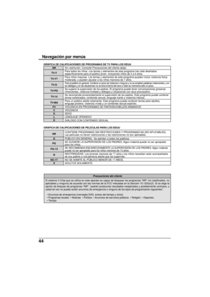 Page 12244
NRSin restricción. Consulte Precauciones del cliente abajo.
TV-YPara todos los niños. Los temas y elementos de este programa han sido diseñados
específicamente para el público joven, incluyendo niños de 2 a 6 años.
TV-Y7Para niños mayores. Los temas y elementos de este programa pueden incluir violencia física
moderada, o pueden asustar a los niños menores de 7 años.
TV-G
Para el público en general. Contiene un poco de violencia o ninguna y no se emplean palabras malsonantes, y en
los diálogos y en las...