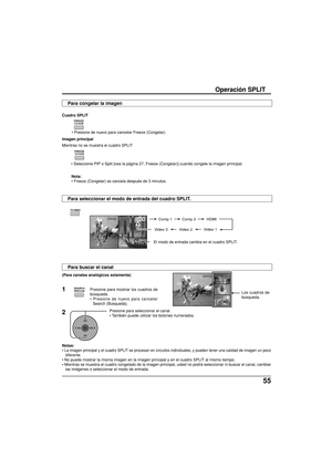 Page 13355
CH10
TV/VIDEO
Notas:
• 
La imagen principal y el cuadro SPLIT se procesan en circuitos individuales, y pueden tener una calidad de imagen un poco
diferente.
• No puede mostrar la misma imagen en la imagen principal y en el cuadro SPLIT al mismo tiempo.
• Mientras se muestra el cuadro congelado de la imagen principal, usted no podrá seleccionar ni buscar el canal, cambiar
las imágenes o seleccionar el modo de entrada.
Operación SPLIT
Cuadro SPLIT
 • Presione de nuevo para cancelar Freeze (Congelar)....