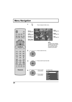 Page 2424
Menu Navigation
1Press to display the Main menu.
2
MENU
CH
VOL
CHVOL
OK
Press to select the menu.
Timer
(see page 33)
Setup
(see page 36)
Lock
(see page 42)
3
4CH
VOL
CHVOL
OK
Press to enter the sub-menu field.
CH
VOL
CHVOL
OK
Press to select
the sub-menu.
Press to adjust
the sub-menu.
Picture
Color
Tint
Brightness
Picture
Sharpness
Normal
Other Adjust 
Pic Mode
Vivid
31
31
26
63
50
No
ex. Picture menu
About
The About screen displays
assorted information about
the TV. Please have this
information when...