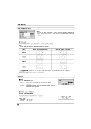 Page 5858
Menu
H-POS
H-SIZE
V-POS
V-SIZE
CLOCK PHASE
(RGB/PC in Mode)
When “” 
button is pressedWhen “” 
button is pressed
Note:
If a “Cue” or “Rew” signal from a VCR or may DVD player is received, the
picture position may shift up or down despite of the PICTURE POS./SIZE
settings.
PC MENU
NORMAL
PICTURE  POS./SIZE
NORMALIZE
H-POS
H-SIZE
V-POS
V-SIZE
CLOCK  PHASE
Flickering and distortion can be eliminated by using the Position Left “
  ” 
or Right “
  ”
button to carry out adjustment.
SIGNAL
SYNC
H
-FREQ....