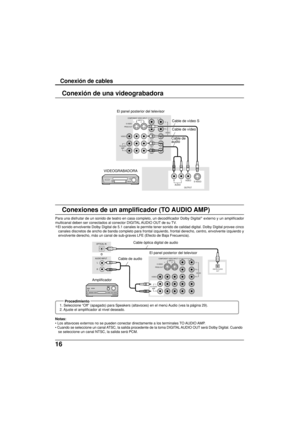 Page 9416
 Conexión de una videograbadora
PROG OUTCOMPONENT VIDEO INPUT
S VIDEO
VIDEOY
P
B
L
RP
R
1212INPUT
VIDEO
TO AUDIO
AMP
OUTPUTAUDIOVIDEO
S VIDEO R
L
Cable de
audio El panel posterior del televisor
PROG OUTCOMPONENT VIDEO INPUT
S VIDEO
VIDEOY
P
B
L
RP
R
1212INPUT
VIDEO
TO AUDIO
AMP
AUDIO INPUTOPTICAL IN
RLDIGITAL AUDIO
OUT
Notas:
• Los altavoces externos no se pueden conectar directamente a los terminales TO AUDIO AMP.
• Cuando se seleccione un canal ATSC, la salida procedente de la toma DIGITAL AUDIO OUT...