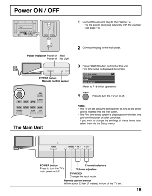 Page 151515
TVVCRDVD
DTVRCVRDBS/CBL
LIGHT
TV/VIDEOSLEEPEXIT
SAP
AUX
ASPECT
MUTERECALL
FAVORITE
POWER
CH
VOL VOL
+-OK
POWER button
Power ON / OFF
Connect the AC cord plug to the Plasma TV.
•Fix the power cord plug securely with the clamper
(see page 10).
Remote control sensor
Notes:
•The TV will still consume some power as long as the power
cord is inserted into the wall outlet.
•The First time setup screen is displayed only the first time
you turn the power on after purchase.
If you wish to change the settings...