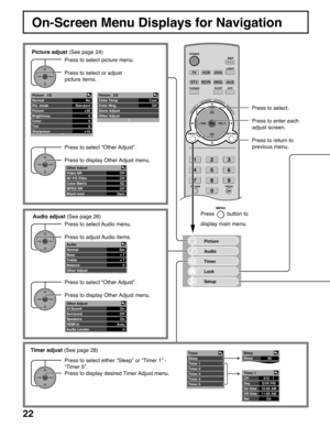 Page 2222
TV
R-TUNE
PLAY FF REWPROG
VCRDVD
DTVRCVRDBS/CBL
LIGHT
TV/VIDEOSLEEPEXIT
SAP
123
456
78
0
9
AUX
ASPECT
MUTERECALL
FAVORITE
STOPPAUSE
TV/VCROPEN/CLOSEDVD/VCR CH
REC
POWER
TV
CH
VOL
CHVOL
+-OK
MENURETURN
Picture
Audio
Timer
Lock
Setup
Timer adjust (See page 28) Audio adjust (See page 26) Picture adjust (See page 24)
On-Screen Menu Displays for Navigation
No
Standard
+30
0
0
0
+10 Picture   1/2
Normal
Pic. mode
Picture
Brightness
Color
Tint
Sharpness
Other Adjust
Video NR
3D Y/C Filter
Color Matrix
MPEG...