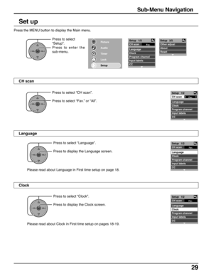 Page 2929
Sub-Menu Navigation
Set up
Press to select “CH scan”.
Press to select “Fav.” or “All”.
Please read about Language in First time setup on page 18.
CH scan
Language
Clock
Press to select
“Setup”.
Press to enter the
sub-menu.
OK
CH
VOL
CHVOL
+-
Picture
Audio
Timer
Lock
Setup
Fav. 
Setup   1/2
CH scan
 
Language
Clock
Program channel
Input labels
CC
Fav.
Setup   1/2
CH scan
 
Language
Clock
Program channel
Input labels
CCSetup   2/2
Other adjust
About
Reset
OKCH
VOL
CHVOL+-
OK
CH
VOL
CHVOL
+-
Press to...