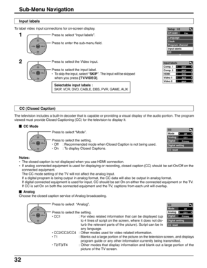 Page 3232
Press to select “Input labels”.
Press to enter the sub-menu field.
Press to select the Video input.
Press to select the input label.
•To skip the input, select ‘‘SKIP’’. The input will be skipped
when you press [TV/VIDEO]. To label video input connections for on-screen display.1
2
OK
CH
VOL
CHVOL
+-
Fav.
Setup   1/2
CH scan
 
Language
Clock
Program channel
Input labels
CC
The television includes a built-in decoder that is capable or providing a visual display of the audio portion. The program
viewed...