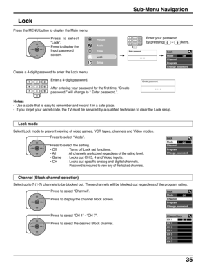 Page 3535
Sub-Menu Navigation
Lock
Select Lock mode to prevent viewing of video games, VCR tapes, channels and Video modes.
Press to select “Mode”.
Press to select the setting.
• Off : Turns off Lock set functions.
• All: All channels are locked regardless of the rating level.
• Game : Locks out CH 3, 4 and Video inputs.
• CH : Locks out specific analog and digital channels.
Password is required to view any of the locked channels.
Lock mode
Press the MENU button to display the Main menu.
Press to select...