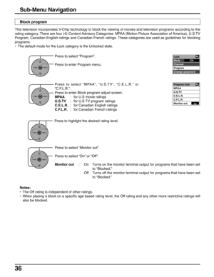 Page 3636
Sub-Menu Navigation
This television incorporates V-Chip technology to block the viewing of movies and television programs according to the
rating category. There are four (4) Content Advisory Categories: MPAA (Motion Picture Association of America), U.S.TV
Program, Canadian English ratings and Canadian French ratings. These categories are used as guidelines for blocking
programs.
•The default mode for the Lock category is the Unlocked state.
Press to select “MPAA”, “U.S.TV”, “C.E.L.R.” or
“C.F.L.R.”....