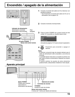 Page 151515
TVVCRDVD
DTVRCVRDBS/CBL
LIGHT
TV/VIDEOSLEEPEXIT
SAP
AUX
ASPECTFAVORITE
POWER
El botón POWER
Encendido / apagado de la alimentación
Conecte el enchufe del cable de CA al televisor con
pantalla de plasma.
•Fije firmemente el enchufe del cable de CA con la
abrazadera (vea la página 10).
Sensor del control remoto1
Aparato principal
Controles de volumen
Selectores de canales
TV/VIDEO
Cambia el modo de entrada.
Y
PBPRY
PBPRCOMPONENT VIDEO
 INPUT INPUT 1  INPUT 2 OUTPUTS VIDEO12LRVIDEOAUDIO INDIGITAL
AUDIO...