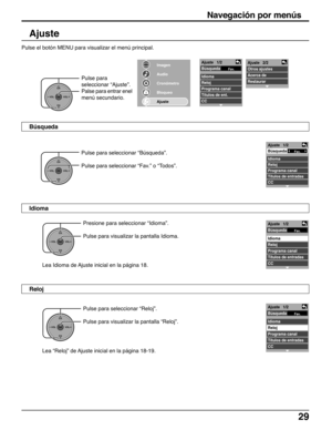 Page 2929
Ajuste
Pulse para seleccionar “Búsqueda”.
Pulse para seleccionar “Fav.” o “Todos”.
Lea Idioma de Ajuste inicial en la página 18.
Búsqueda
Idioma
Reloj
Pulse para
seleccionar “Ajuste”.
Palse para entrar enel
menú secundario.
OK
CH
VOL
CHVOL
+-
Imagen
Audio
Cronómetro
Bloqueo
Ajuste
OK
CH
VOL
CHVOL
+-
Presione para seleccionar “Idioma”.
Pulse para visualizar la pantalla Idioma.
OK
CH
VOL
CHVOL
+-
Pulse para seleccionar “Reloj”.
Pulse para visualizar la pantalla “Reloj”.
Lea “Reloj” de Ajuste inicial en...