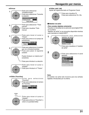 Page 3131
Pulse para seleccionar
“Predeterminado”.
Pulse para seleccionar Transnita
la estación.
Pulse para seleccionar “Título
manual”.
Pulse para visualizar Título
manual.
Pulse para mover el cursor a
“Títulos”.
Pulse para entrar en el campo de
introducción.
Pulse para seleccionar el carácter
que va a introducir/cambiar.
Pulse para pasar al siguiente
carácter.
Puede introducir un máximo de 7
caracteres.
Pulse para introducir su elección.
Pulse para mover el cursor a
“Aceptar”.
Pulse para introducir el...