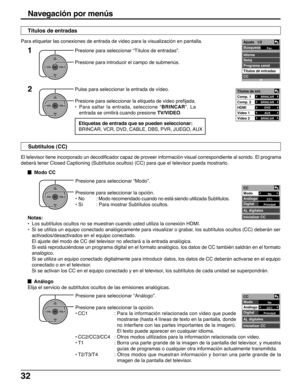 Page 3232
Presione para seleccionar “Títulos de entradas”.
Presione para introducir el campo de submenús.
Pulse para seleccionar la entrada de vídeo.
Presione para seleccionar la etiqueta de video prefijada.
•Para saltar la entrada, seleccione “BRINCAR”. La
entrada se omitirá cuando presione TV/VIDEO. Para etiquetar las conexiones de entrada de video para la visualización en pantalla.1
2
OK
CH
VOL
CHVOL
+-
El televisor tiene incorporado un decodificador capaz de proveer información visual correspondiente al...