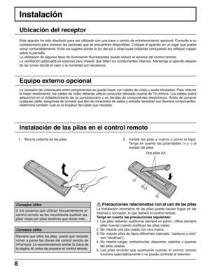 Page 88
Instalación
La conexión de vídeo/audio entre componentes se puede hacer con cables de vídeo y audio blindados. Para obtener
el mejor rendimiento, los cables de vídeo deberán utilizar conductor blindado coaxial de 75 ohmios. Los cables podrá
adquirirlos en el establecimiento de su concesionario o en tiendas de componentes electrónicos. Antes de comprar
cualquier cable, asegúrese de conocer qué tipo de conectores de salida y entrada necesitan sus diversos componentes.
Determine también cuál es la...