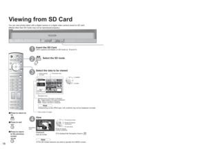 Page 161617
Viewing Viewing from SD Card
-
Accessing
No
Standard
+30
0
0
0
+10 Picture   1/2
Normal
Pic. mode
Picture
Brightness
Color
Tint
Sharpness
•To display/hide Navigation Area 
To previous photo
Rotate 90 degree
(clockwise)
To next photo
Rotate 90 degree
(counter-clockwise)
Viewing from SD CardYou can view photos taken with a digital camera or a digital video camera saved on SD card.
(Media other than SD Cards may not be reproduced properly.)
View
4
Select the data to be viewed
3
While reading
the data...