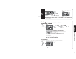 Page 171617
Viewing Viewing from SD Card
-
Accessing
No
Standard
+30
0
0
0
+10 Picture   1/2
Normal
Pic. mode
Picture
Brightness
Color
Tint
Sharpness
•To display/hide Navigation Area 
To previous photo
Rotate 90 degree
(clockwise)
To next photo
Rotate 90 degree
(counter-clockwise)
Viewing from SD CardYou can view photos taken with a digital camera or a digital video camera saved on SD card.
(Media other than SD Cards may not be reproduced properly.)
View
4
Select the data to be viewed
3
While reading
the data...