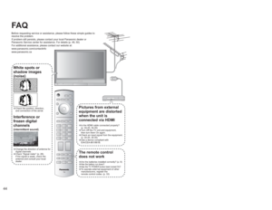 Page 444445
FAQs, etc. Frequently Asked Questions
The remote control
does not work•Are the batteries installed correctly? (p. 6)•Has the battery run down?•Has the TV POWER button been turned On?•To operate external equipment of other
manufacturers, register the
remote control codes. (p. 33)Pictures from external 
equipment are distorted 
when the unit is 
connected via HDMI•Is the HDMI cable connected properly?
(p. 24-25, 34-35)•Turn Off the TV unit and equipment,
then turn them On again.•Check an input signal...