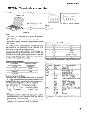 Page 13
6 7 8 9 
1 3 4 5 2 
13
Connections
SERIAL Terminals connection
Notes:
•  Use the RS-232C straight cable to connect the computer 
to the Display.
•  The computer shown is for example purposes only.
•  Additional equipment and cables shown are not supplied  with this set.
The SERIAL terminal conforms to the RS-232C interface 
speci ﬁ cation, so that the Display can be controlled by a 
computer which is connected to this terminal.
The computer will require software which allows the 
sending and receiving...