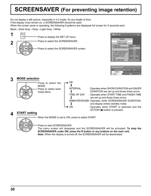 Page 30
SCREENSAVER 
START 
MODEOFF
PRESENT  TIME OF DAY    MON 0 : 02
1/2
SIGNAL
INPUT LABEL
WOBBLING
SET UP
POWER MANAGEMENTOFF OFF
AUTO POWER OFF OFF
STANDBY SAVEOFF(
SERIAL )
ECO OFF
OSD LANGUAGE ENGLISH (
US )
COMPONENT/RGB-IN SELECT
RGB
SCREENSAVER
30
Do not display a still picture, especially in 4:3 mode, for any length o\
f time.
If the display must remain on, a SCREENSAVER should be used.
When the screen saver is operating, the following 5 patterns are display\
ed full screen for 5 seconds each....