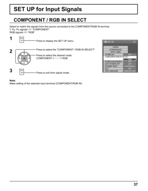 Page 37
1/2
SIGNAL
INPUT LABEL
WOBBLING
SET UP
OFF
POWER MANAGEMENTOFF
AUTO POWER OFF OFF
STANDBY SAVE OFF(
SERIAL )
ECO OFF
OSD LANGUAGE ENGLISH (
US )
COMPONENT/RGB-IN SELECT
RGB
SCREENSAVER
37
SET UP for Input Signals
COMPONENT / RGB IN SELECT
Select to match the signals from the source connected to the COMPONENT/R\
GB IN terminal.
Y,  P
B, PR signals  “COMPONENT”
RGB signals 
 “RGB”
Press to display the SET UP menu.
Press to select the “COMPONENT / RGB-IN SELECT”.
Press to select the desired mode.
COMPONENT...