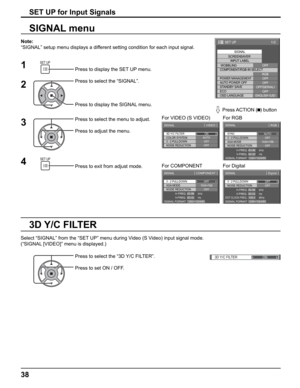 Page 38
3D Y/C FILTERON
1/2
SIGNAL
INPUT LABEL
WOBBLING
SET UP
OFF
POWER MANAGEMENTOFF
AUTO POWER OFF OFF
STANDBY SAVE OFF(
SERIAL )
ECO OFF
OSD LANGUAGE ENGLISH (
US )
COMPONENT/RGB-IN SELECT
RGB
SCREENSAVER
3D Y/C FILTER
COLOR SYSTEM
SIGNAL
ON
AUTO
3 : 2 PULLDOWN OFF
[ 
VIDEO  ]
NOISE REDUCTION
OFF
3 : 2 PULLDOWN
SIGNAL
OFF
[ 
Digital  ] 
NOISE REDUCTION
OFFH-FREQ.
V- F R E Q .kHz
Hz
63.98
60.02
DOT CLOCK FREQ.MHz
108.0
SIGNAL FORMAT 1280×1024/60
SIGNAL  [ 
COMPONENT  ]
XGA MODENOISE REDUCTION
OFFH-FREQ.
V- F...