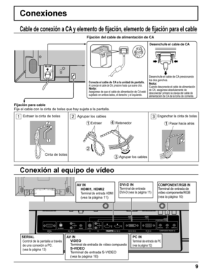 Page 9
Conexiones
Conecte el cable de CA a la unidad de pantalla.Al conectar el cable de CA, presione hasta que suene click.Nota:Asegúrese de que el cable de alimentación de CA esté 
sujetado en ambos lados, el derecho y el izquierdo.
Fijación del cable de alimentación de CA
Cable de conexión a CA y elemento de ﬁ jación, elemento de  ﬁ jación para el cable
9
Conexión al equipo de vídeo 
Desenchufe el cable de CA
Desenchufe el cable de CA presionando 
los dos ganchos.
Nota:Cuando desconecte el cable de...