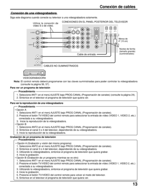 Page 1313
Conexión de cables
Siga este diagrama cuando conecte su televisor a una videograbadora solamente.
Nota: El control remoto deberá programarse con las claves suministradas para poder controlar la videograbadora
(consulte la página 56, 57).
1. Seleccione ANT1 en el menú AJUSTE bajo PROG CANAL (Programación de canales) (consulte la página 24).
2. Sintonice en el televisor el programa de televisión que quiera ver. Para ver un programa de televisión
PROG OUTCOMPONENT VIDEO INPUT
S VIDEO
DIGITAL
IN
VIDEOY
P...