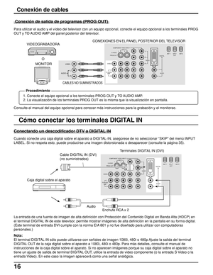 Page 1616
Conexión de cables
Conexión de salida de programas (PROG OUT)
Para utilizar el audio y el vídeo del televisor con un equipo opcional, conecte el equipo opcional a los terminales PROG
OUT y TO AUDIO AMP del panel posterior del televisor.
Consulte el manual del equipo opcional para conocer más instrucciones para la grabación y el monitoreo.
1. Conecte el equipo opcional a los terminales PROG OUT y TO AUDIO AMP.
2. La visualización de los terminales PROG OUT es la misma que la visualización en pantalla....