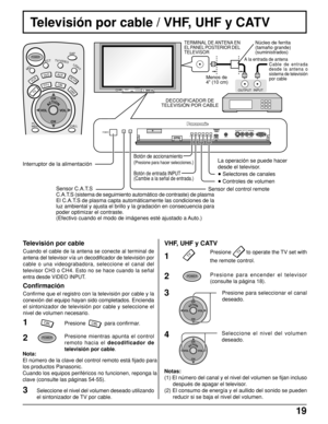 Page 1919
INPUT
OUTPUTS-VIDEOPC CHANNEL VOLUME ACTION INPUTHPJVIDEOVIDEO3R   AUDIO   L
POWERS VIDEOPC CHANNEL VOLUME ACTION INPUTHPJVIDEO
INPUT3
L   AUDIO   R
TV
POWER
ACTIONCH
CH VOL VOL
ACTIONCH
CH VOL VOL
DTV
AUXDV D
VCR
DBS
RCVR
RECALLPC
MENU
SAP
MUTEASPECTTV/VIDEOLIGHT
POWER
CBL
CH
CH VOL VOL
ACTION
TV
POWER
CBL
Televisión por cable / VHF, UHF y CATV
Presione para encender el televisor
(consulte la página 18). Presione 
TV to operate the TV set with
the remote control.
Presione para seleccionar el canal...