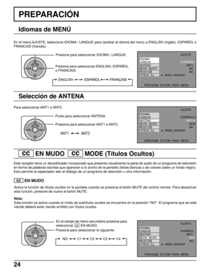 Page 2424
PREPARACIÓN
OTROS  AJ.AJUSTE
PRESIONE  ACTION  PARA  MENU
ESPAÑOL
ANT1
NO
NOIDIOMA/
LANGUE
ANTENA
     EN  MUDO
MODO
PARA  ENTRAR
OTROS  AJ.AJUSTE
PRESIONE  ACTION  PARA  MENU
ESPAÑOL
ANT1
NO
NOIDIOMA/
LANGUE
ANTENA
     EN  MUDO
MODO
PARA  ENTRAR
  cc   EN MUDO    cc   MODE (Títulos Ocultos)
Este receptor tiene un decodificador incorporado que presenta visualmente la parte de audio de un programa de televisión
en forma de palabras escritas que aparecen a lo ancho de la pantalla (letras blancas o de...