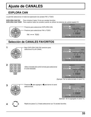 Page 3333
EXPLORA CAN
Le permite seleccionar el modo de exploración de canales FAV o TODO.
EXPLORA CAN FAVPara introducir hasta 16 de sus canales favoritos.
EXPLORA CAN TODOPara explorar todos los canales cuando se utilizan los botones de subida bajada CH.
Ajuste de CANALES
ACTIONCH
CH VOL VOL
Presione para seleccionar EXPLORA CAN.
Presione para seleccionar FAV o TODO.
1Bajo EXPLORA CAN FAV presione para
seleccionar ELIJA CANAL.
Selección de CANALES FAVORITOS
ACTIONCH
CH VOL VOL
Utilice el teclado del control...