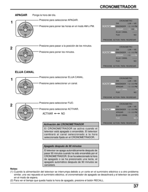 Page 3737
CRONOMETRADOR
Presione para seleccionar APAGAR.
Presione para poner las horas en el modo AM o PM.
Presione para pasar a la posición de los minutos.
Presione para poner los minutos.
APAGARPonga la hora del día.
1
2
ACTIONCH
CH VOL VOL
ACTIONCH
CH VOL VOL
ACTIONCH
CH VOL VOL
ACTIONCH
CH VOL VOL
ELIJA CANAL
1
2
Presione para seleccionar ELIJA CANAL.
Presione para seleccionar un canal.
Presione para seleccionar FIJO.
Presione para seleccionar ACTIVAR.
Notas:
(1) Cuando la alimentación del televisor se...