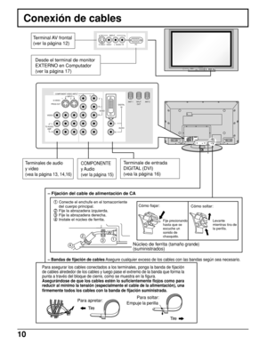 Page 1010
S VIDEO VIDEO
INPUT
L   AUDIO   RPC
S-VIDEOPC CHANNEL VOLUME ACTION INPUTHPJVIDEOVIDEO3R   AUDIO   L
PROG OUTCOMPONENT VIDEO INPUT
S VIDEO
DIGITAL
IN
VIDEOY
P
B
L
RL
R
ANT 1 ANT 2SPLIT
OUT
PR
1212INPUT
TO AUDIO
AMPAUDIO
Terminales de audio
y video  
(vea la página 13, 14,16)COMPONENTE 
y Audio 
(ver la página 15)
Terminal AV  frontal 
(ver la página 12)
Desde el terminal de monitor 
EXTERNO en Computador 
(ver la página 17)
Terminale de entrada 
DIGITAL (DVI) 
(vea la página 16)
VIDEO
13
2
4Núcleo de...