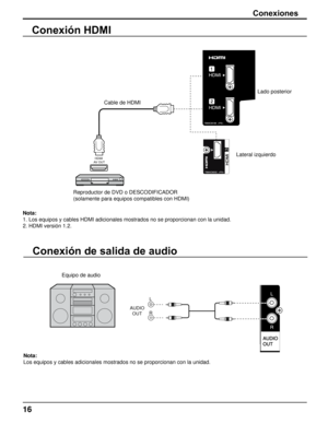 Page 1616
HDMI 
AV OUT
Conexión HDMI
Nota:
1. Los equipos y cables HDMI adicionales mostrados no se proporcionan co\
n la unidad.
2. HDMI versión 1.2. Reproductor de DVD o DESCODIFICADOR
(solamente para equipos compatibles con HDMI)Cable de HDMI
Conexiones
Conexión de salida de audio
Nota:
Los equipos y cables adicionales mostrados no se proporcionan con la uni\
dad.
Equipo de audio Lado posterior
Lateral izquierdo
AUDIO OUT L
R 