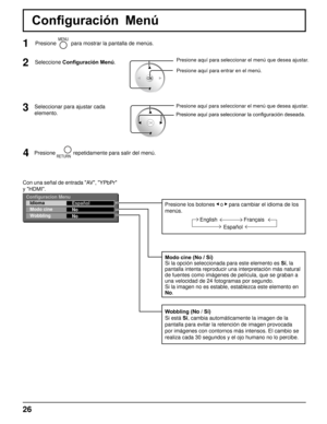 Page 2626
Configuracion MenuIdioma
Modo cine
Wobbling Español
No
No
Configuración  Menú
Seleccionar para ajustar cada 
elemento.
Presione aquí para seleccionar la configuración deseada.
2Seleccione 
Configuración Menú .Presione aquí para seleccionar el menú que desea ajustar.
Presione aquí para entrar en el menú.
 1
MENUPresione          para mostrar la pantalla de menús.
Con una señal de entrada "AV", "YPbPr" 
y "HDMI".
Modo cine (No / Sí)
Si la opción seleccionada para este...