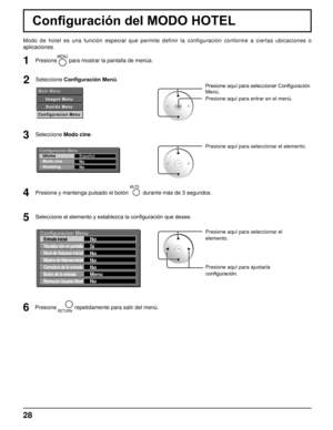 Page 2828
Configuración del MODO HOTEL
2Seleccione Configuración Menú .
1
MENUPresione        para mostrar la pantalla de menús.
Seleccione Modo cine.
4Presione y mantenga pulsado el botón 
MUTE
durante más de 3 segundos.
Presione aquí para seleccionar el elemento.
Presione aquí para seleccionar Configuración 
Menú.
Presione aquí para entrar en el menú.
5Seleccione el elemento y establezca la configuración que desee.
M a i n   M e n u
I m a g e n   M e n uS o n i d o   M e n u
C o n f i g u r a c i o n   M...