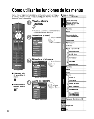 Page 2222
Menú ElementoVIERA Link
Iniciar grabación
Detener grabación
Control VIERA Link 
Salida altavoz
Imagen
Reiniciar
Modo
Contraste, Brillo,
Color, Tinte,Nitidez
Temp. color
Admi. colores
x.v.Color
Ajuste acercamiento
Imagen avanzadaReduc de ruido
3D Y/C filtro
Matriz color
MPEG NR
Nivel obscuro
Audio
Reiniciar
Bajos
Altos
Balance
Audio avanzado
Sonido IA
Envolvente
Realce de bajos
Norm. de audio
Salida altavoz
Entrada HDMI 1
Entrada HDMI 2
Entrada HDMI 3
CronómetroApagado, Cronómetro 1-5
Bloqueo
Tarjeta...