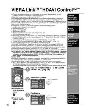 Page 2626
VIERA Link
TM
 “HDAVI Control
TM
”
  Control simultáneo de todos los componentes de Panasonic equipados co\
n “HDAVIControl” utilizando un botón de un mando a distancia.
VIERA Link
TM es un nuevo nombre para EZ SyncTM.
Disfrute de la interoperabilidad HDMI adicional con los productos Panaso\
nic que tienen la 
función VIERA Link “HDAVI Control”. Este televisor soporta la función “HDAVI Control 3”.
Las conexiones a algunos equipos (grabadora DVD DIGA, videocámara HD\
, dispositivo de cine 
para casa...