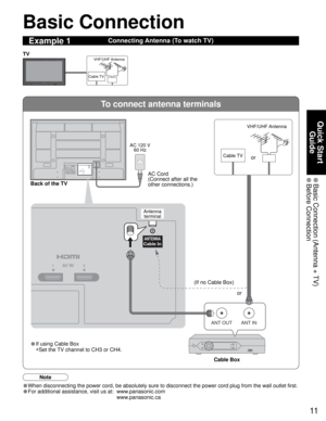 Page 1111
Quick Start 
Guide
 Basic Connection (Antenna + TV) Before  Connection
To connect antenna terminals
ANT OUTANT IN
2 1AV IN
ANTENNACable In
Basic Connection
Connecting Antenna (To watch TV)Example 1
(If no Cable Box) 
• If using Cable Box
•Set the TV channel to CH3 or CH4.AC Cord
(Connect after all the 
other connections.)
Cable TVVHF/UHF Antenna
TV
Back of the TV
Cable TV AC 120 V
60 HzVHF/UHF Antenna
Cable Box
Antenna 
terminal
Note
•When disconnecting the power cord, be absolutely sure to disconnect...