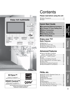 Page 33
Viewing
Advanced
FAQs, etc.
Quick Start 
Guide
Contents
EZ Sync™
EZ Sync™ is a trademark of 
Matsushita Electric Industrial Co., Ltd.
HDAVI Control™
HDAVI Control™ is a trademark of 
Matsushita Electric Industrial Co., Ltd.
Manufactured under license from Dolby Laboratories.
DOLBY and the double-D symbol are 
trademarks of Dolby Laboratories.
Enjoy rich multimedia
SD memory card
Camcorder
Amplifier
Home theater 
systemVCR DVD player
DVD recorder Set Top Box
• Watching TV...