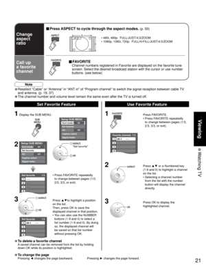 Page 2121
Viewing
 Watching TV
Favorite channels1/3
1
2
3
4
26-1      - - -
Set favorite 1/3
1
2
3
---
---
---
---
4
Setup SUB MENU
AllSurf mode
Set favorite
OffCC
Caption select
Signal meter
Setup SUB MENUAllSurf mode
Set favorite
OffCC
Caption select
Signal meter
Set favorite 1/3
1
2
3
4
26-1      - - -
SUBSUBMENUMENU
Change
aspect
ratio
Call up
a favorite
channel
■ Press ASPECT to cycle through the aspect modes. (p. 50)
•  480i, 480p:  FULL/JUST/4:3/ZOOM
•  1080p, 1080i, 720p:  FULL/H-FILL/JUST/4:3/ZOOM
■...