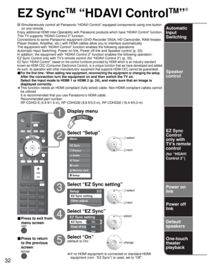 Page 3232
Menu
Audio
Lock
Setup Memory card Timer Picture EZ Sync
Setup 2/2
EZ Sync setting
Other adjust
About
EZ Sync setting
EZ Sync
Power off link
Power on link
On
Set
Set
SUBSUBMENUMENU
EZ Sync
TM
 “HDAVI Control
TM
”
  Simultaneously control all Panasonic “HDAVI Control” equipped components using one button 
on one remote.
Enjoy additional HDMI Inter-Operability with Panasonic products which have “HDAVI Control” function.
This TV supports “HDAVI Control 2” function.
Connections to some Panasonic equipment...