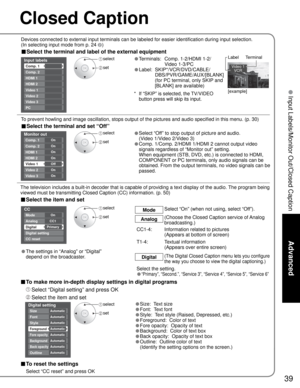 Page 3939
Advanced
 Input Labels/Monitor Out/Closed Caption
Digital setting
Size
Font
Style
Foreground
Fore opacity
Background
Automatic
Automatic
Automatic
Automatic
Automatic Automatic
Back opacity
Outline
Automatic
Automatic
Custom
3
4
-
-
Input labels
Comp. 1 
HDMI 1
HDMI 2
Video 1
CustomComp. 2 
Video 2
-
-Video 3
PC
CC
Mode
Analog
Digital
Digital setting
CC reset
CC1
PrimaryOn
Video 1
VCR
Monitor out
HDMI 1
HDMI 2
Comp. 2 
Video 2
Video 3
Comp. 1  On
Video 1
On
On
On
Off
On
On
Closed Caption
■ To make...