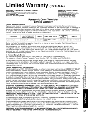 Page 5757
FAQs, etc.
 Limited Warranty (for U.S.A.)
 Specifications
Limited Warranty Coverage
If your product does not work properly because of a defect in materials or workmanship, Panasonic Consumer 
Electronics Company or Panasonic Puerto Rico, Inc. (collectively referred to as “the warrantor”) will, for the length of 
the period indicated on the chart below, which starts with the date of original purchase (“Limited Warranty period”), 
at its option either (a) repair your product with new or refurbished...