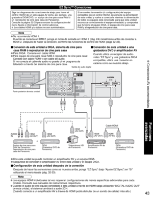 Page 4343
Funciones 
avanzadas
 Conexiones AV recomendadas
COMPONENT VIDEOINPUTINPUT
12
1INPUT
2
AUDIO VIDEOAUDIO VIDEO
S VIDEO
PROG OUT
LL
RRLL
RR P
BPB
PRPR
HDMI 2AUDIO IN
AUDIO
INAUDIO
IN
PC
2 1AV IN
DIGITALAUDIO
OUT
TO AUDIO AMP
L
R
• Los equipos HDMI individuales tal vez requieran configuraciones de menús específicas adicionales para cada 
modelo. Consulte sus manuales de instrucciones respectivos.
• Cuando el audio de otro equipo conectado a esta unidad a través de HDMI salga utilizando “DIGITAL AUDIO...